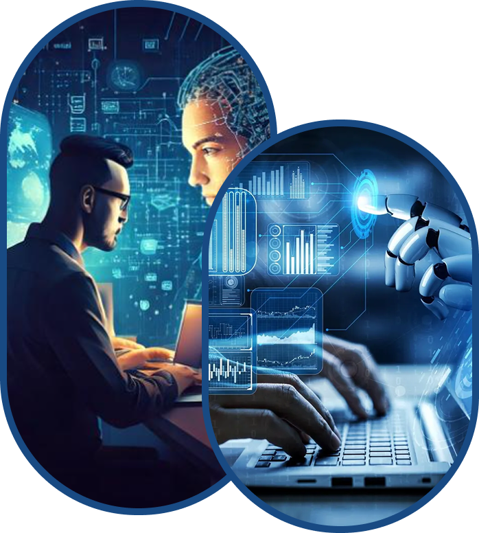 Person working with AI tools and a businessman with a robot
