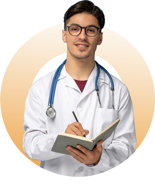 Medical professional with stethoscope writing notes