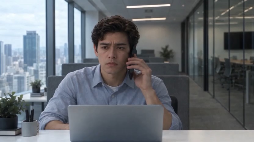 Employee taking an urgent phone call at his office desk